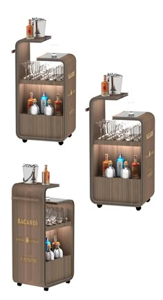 three different types of bar carts with drinks on them