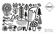 a black and white drawing of a fox in the woods with flowers, mushrooms and trees