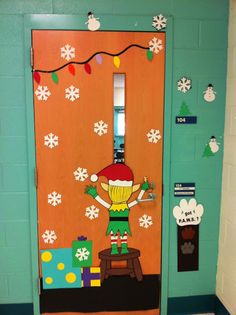 a door decorated with an elf and presents