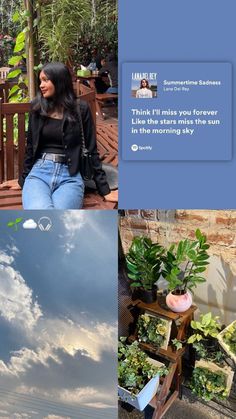 a woman sitting on top of a wooden bench next to plants and clouds in the sky