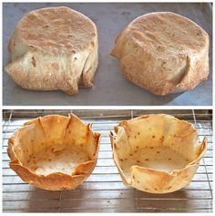 two pictures of baked bread on a rack