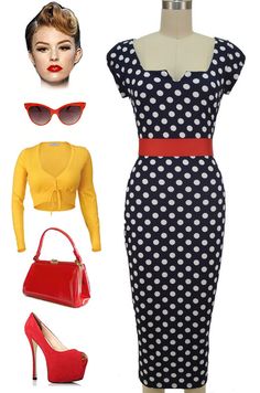 Brand new in store at Le Bomb Shop! Tight Fit Va Va Voom Pinup Wiggle Dress in 3 Prints.. Navy Dot, Black Dot and Rose Floral! Find them here at Le Bomb Shop: http://lebombshop.net/search?type=productq=%22va+va+voom%22search-button.x=0search-button.y=0 Yellow Polka Dot Dress, Vintage Outfits 90s, Pin Up Outfits, 50s Style, Va Va Voom, Wardrobe Ideas