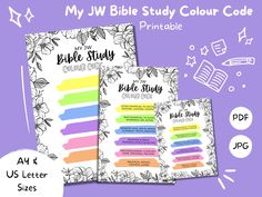 three bible study books with the title, my bible study printable and color code