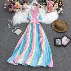 Name: sleeveless, rainbow color gradient pleated dress , halter neck stylish dressMaterial:blendedColor:pink,light blue,dark blue,watermelon red,lavenderFeatures:hollow embroideredSize(cm):free 1inch=2.54cmlength:127,bust:96-100Note:Due to different measurement methods,there will be 1-3 error(unite:cm), please understand.&ltbr/>&ltp&gtPlease check the size carefully when you choose items,thank you.</p>&ltbr/> Colorful Sleeveless Summer Party Dress, Sleeveless Ombre Dresses For Spring, Sleeveless Ombre Maxi Dress For Party, Fitted Ombre Maxi Dress For Summer, Fitted Ombre Summer Dress, Fitted Ombre Dress For Summer, Casual Ombre Dress For Spring, Summer Ombre Fitted Dresses, Gradient Sleeveless Maxi Dress For Party