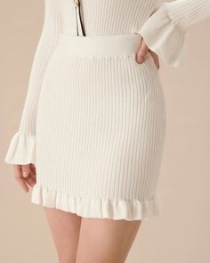 Women's White Ruffle Straight Knit Mini Skirt & Reviews - White - Bottoms | RIHOAS Knit Mini Skirt, Long Sleeve Knit Dress, Beige Dresses, Long Sleeve Short Dress, Fall Skirts, Knit Sweater Dress, Brown Dress, Ruffle Skirt, Shop Maxi Dresses