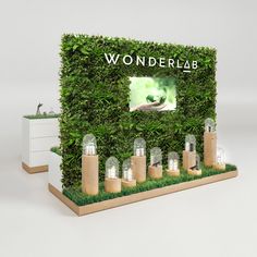 a green wall with candles in front of it that says wonderlab on the side