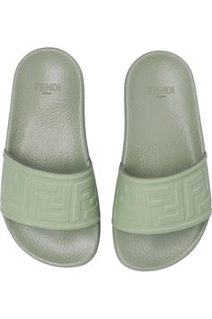 Green slides with FF embroidery and green rubber sole from Fendi Kids. Composition: Outer Layer:RubberInner Layer:FabricRubberSole:Rubber Green Slides, Fendi Kids, Kenzo Kids, Prada Leather, Saint Laurent Shoes, Kids Slide, Stella Mccartney Kids, Luxury Shop, Card Holder Leather