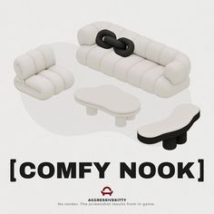 an ad for comfy nook, featuring white couches and black footstools