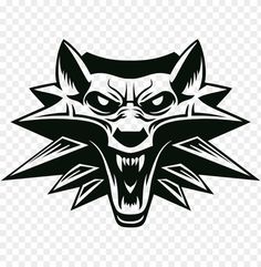 an angry wolf head with fangs on it's face, black and white clipart