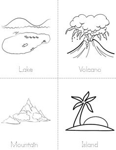 four pictures with different types of mountains and trees in the middle one is for volcano