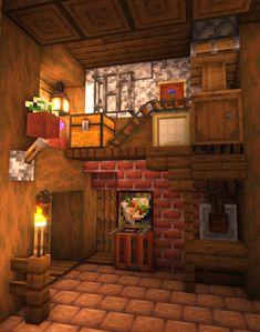 an image of a living room in the minecraft style with stairs and fireplaces