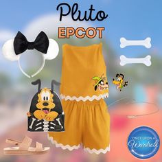 an image of a set of clothing and accessories on display with the caption pluto epcot