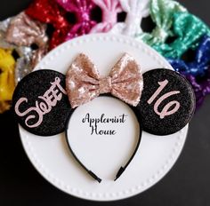 Sweet 16 Disney Theme, Birthday Mickey Ears, Cinderella Sweet 16, Disney Sweet 16, Disney World Birthday, Rose Gold Minnie Ears, Disneyland Ears, Minnie Mouse Headband, Disney Headbands