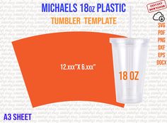 the tumbler cup has an orange background and is next to it's measurements