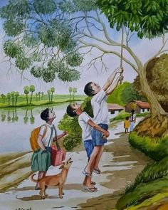 a painting of two people and a dog on a path next to a body of water