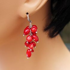 "♥ Ready to ship ♥ 100% handmade ♥ Packed in a gift box ♥ Length is about 2\". ♥ Material: genuine coral Red coral cluster earrings are stunning & vibrant! Handcrafted natural coral classy stylish luxury earrings will compliment any woman's look & style. Simple and elegant beauty radiates from this exceptional red coral cluster dangle earrings. Never go out of style! This design is classic, elegant, fit for any occasion - evening, holidays party, as daily wearing home and office. Great for yours Red Cluster Earrings Gift, Handmade Cluster Earrings As Gift, Handmade Coral Earrings For Gifts, Handmade Coral Earrings In Red Coral, Red Coral Earrings As Gift, Handmade Red Coral Dangle Earrings, Red Coral Dangle Jewelry As Gift, Gift Red Coral Dangle Jewelry, Red Coral Dangle Jewelry For Gifts