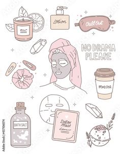 Stock Image: Stickers set. Vector illustration, outline drawing. Hairpins, salt and bath bomb, aroma candle, lotion, matcha. Lettering no drama please. Portrait of a girl with a face mask, beauty rituals, home spa Spa Stickers, Candle Lotion, No Drama Please, Face Mask Beauty, Illustration Outline, Candle Drawing, Mask Drawing, Beauty Rituals, Image Stickers