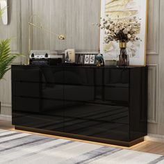 a black dresser sitting on top of a wooden floor next to a potted plant