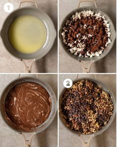 four pictures showing how to make chocolate cake in a skillet and then toppings