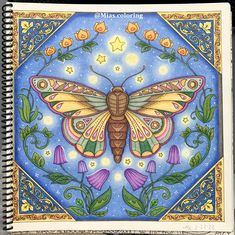 a drawing of a butterfly on a blue background with flowers and stars in the sky