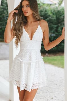 Shop the Belize Flounce Hem Mini Dress White | Selfie Leslie Yellow Bridesmaid Dresses, Yellow Bridesmaids, Mini Dress White, Veil Hairstyles, Iron Material, Lace Bodycon Dress, Grad Dresses, White Heels, Date Night Dresses