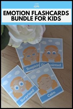 A promotional image for 'Emotion Flashcards Bundle for Kids' with a blue and white banner at the top. Below, a set of four illustrated flashcards featuring a character with orange pigtails expressing different emotions: Suspicious, Disappointed, Surprised, and Calm, displayed on a wooden surface with a flower partially in view.