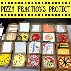 several pizza fractions are displayed in boxes on a table with the words, pizza fractions project