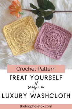 Crochet washcloth pattern shown in two colors, pink and yellow, laying side by side on a faux fur background. Yarn Inspiration Crochet Free Pattern, Face Cloth Crochet Pattern Free, Crochet Washrag Pattern, Granny Square Washcloth Pattern, Crochet Granny Square Washcloth Free Pattern, Crochet Wash Clothes Patterns Free, Wash Rag Crochet Pattern, Crochet Face Cloth Free Pattern, Washcloth Crochet Pattern Free