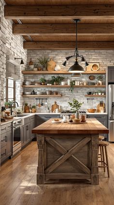 a large kitchen with wooden floors and open shelving above the island, surrounded by stainless steel appliances