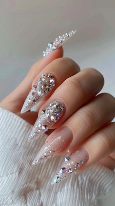 Nail Nail Designs, Diamond Nail Art, Almond Acrylic Nails, Nail Beauty, Bling Acrylic Nails