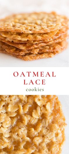 oatmeal lage cookies are stacked on top of each other with the title overlay