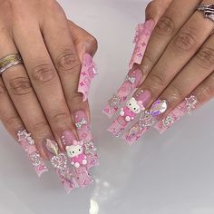 Extra Long Nail Designs, Asian Nails, Hippie Nails, Pink Hello Kitty