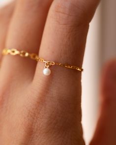 14k Gold Pearl Anchor Chain Ring Minimalist 14k Gold Pearl Chain Jewelry, Elegant Chain Ring With Delicate Chain For Wedding, Elegant Wedding Chain Ring With Delicate Chain, Elegant 14k Gold Chain Ring With Delicate Chain, Elegant 14k Yellow Gold Filled Chain Ring, Elegant 14k Gold Ring With Delicate Chain, Elegant Gift Chain Ring With Delicate Chain, Delicate 14k Gold Chain Ring, Elegant Delicate Chain Ring As Gift