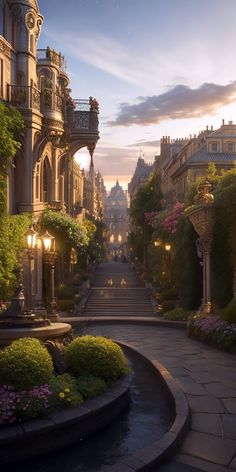 an empty street lined with lots of flowers and buildings in the background at night time