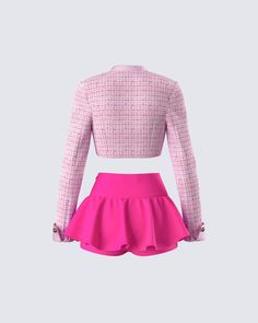 Live out your Elle Woods fantasy in this preppy and polished two-piece set 😏 Pairing a pink tweed cropped jacket with a pink ruffle tiered skort - this fit is for our babes who are ready to get down to business in the cutest possible way 💕 Pink Feminine Sets With Ruffles, Feminine Pink Sets With Ruffles, Feminine Pink Ruffled Sets, Pink Cropped Two-piece Set, Chic Pink Ruffled Sets, Chic Pink Set With Ruffles, Pink Cropped Party Sets, Pink Cropped Sets For Spring, Pink Cropped Spring Sets