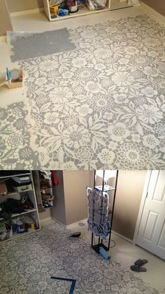 two photos side by side showing the same room with carpet and walls being painted in different colors