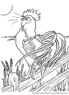 a rooster sitting on top of a wooden fence next to grass and a bird flying over it