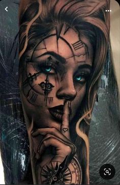 a woman's face with blue eyes and a clock tattoo on her arm is shown