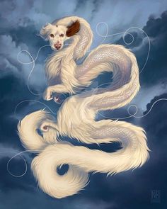 a white dog with long hair is flying through the air in front of dark clouds