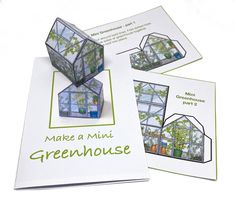 an open book with pictures of greenhouses on the front and back cover, in green house