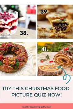 Christmas food picture quiz featuring trifle, mince pie, fruitcake, and yule log. Food Trivia Questions And Answers, Fun Trivia Questions And Answers, Festive Christmas Food, Fun Christmas Food, Food Trivia