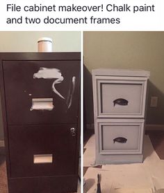 two drawers that have been painted with white paint and one is being used as a file cabinet