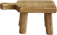 a wooden stool made out of wood with one leg bent down and the other arm extended