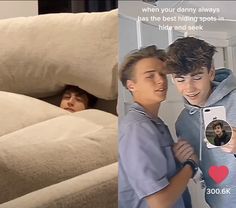 two young men standing next to each other in front of a couch with the caption'when your dummy always has the best hiding spots in his hide and seek