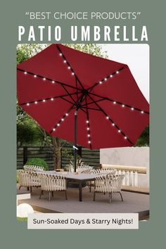 the patio umbrella is lit up with lights