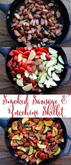 two pans filled with cooked sausage and zucchini skillet next to each other