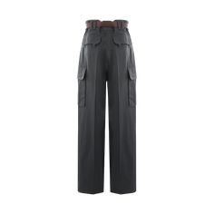 Saint Laurent dark grey cotton twill cargo pants with button closure, belt loops, multiple pockets, and leather belt. High waist, wide leg. High-waist Dark Wash Cargo Pants With Belt Loops, Wide-leg Dark Wash Cargo Pants With Five Pockets, Luxury Full-length Cargo Pants With Belt Loops, Luxury Cargo Pocket Ankle-length Bottoms, Luxury Cargo Pocket Ankle-length Pants, Cargo Pants Sale, Makeup Travel Case, Travel Makeup, Grey Cotton