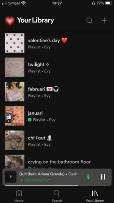 an iphone screen showing the playlist for valentine's day and other things to do