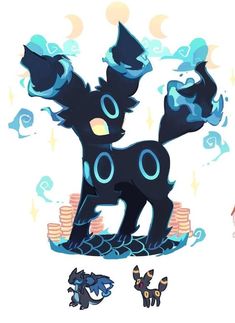 an illustration of a black dog with blue eyes standing on top of stacks of coins