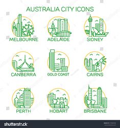 the emblems for cities in green and yellow on a white background, set of logos